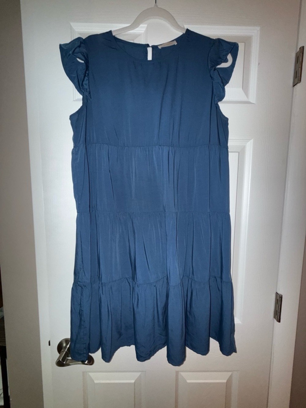 Blue Tiered Midi Dress with Ruffle Sleeves